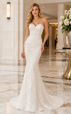 Evening Gown Ivory Lace Tulle Mermaid Strapless Sweetheart Sweep Train