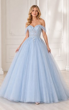 Sky Blue Tulle Lace Sweetheart Off-the-shoulder Short Sleeve Ball Gown Floor-length Beaded Romantic Prom Dress