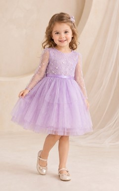 Adorable Lavender Sequined Tulle Jewel Neck Long Sleeve Sparkling A-Line Flowergirl Dress