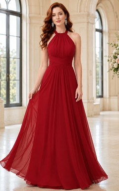 Red halter neck chiffon A line charity gala gown