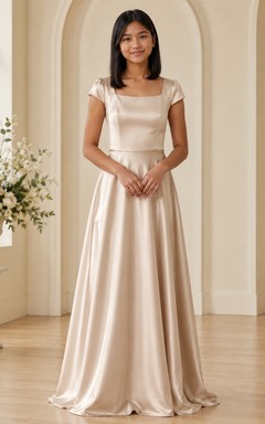 Vestido de dama de honor juvenil, corte en A, manga corta cuadrada, charmeuse elegante