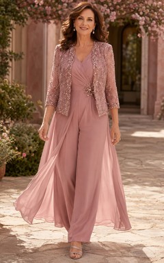 Jumpsuit aus Chiffon in Altrosa von Mother mit V-Ausschnitt, Spitzenjacke und fließender Überhose