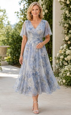Steel Blue Floral V Neck Flutter Sleeve Chiffon Mother Dress