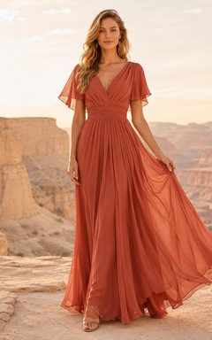 Terracotta V-neck flutter sleeve desert wedding guest chiffon gown