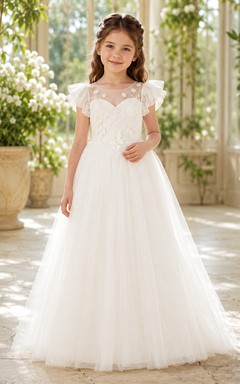 Flower Girl Dress White Tulle A-Line Flutter Sleeve Scoop Neck Floor Length Applique