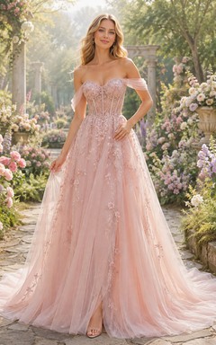 Etéreo vestido de hadas rosa con escote corazón y tul floral, corte en A y hombros descubiertos