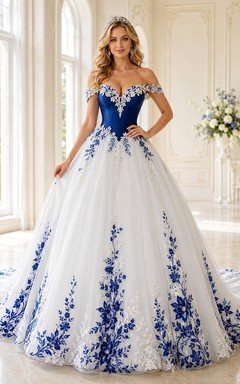 Königsblaues, botanisches Ballkleid mit herzförmigem Ausschnitt, Blütenblattärmeln und Tüll – romantisches Brautkleid für die Kapelle