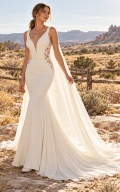 Country Western Deep V-neck Cape Panel Mermaid Bridal Wedding Dress