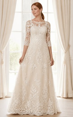 Feathered-Floral Modest Older Brides Lace A-Line Floor-length Bateau Three-Quarter Sleeve Mother Dress