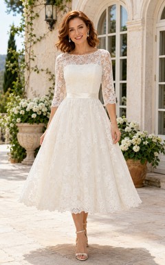Brautkleid mit Dreiviertelärmeln, Spitze, A-Linie, Teelänge und Muschelsaum