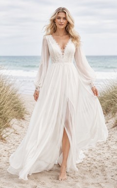 Boho V Neck Long Puff Sleeve Split Chiffon Sweep Beach Wedding Dress