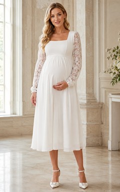 Maternity Lace Bodice Square-Neck A-Line Tea-Length Long-Sleeve Modest Bridal Dress