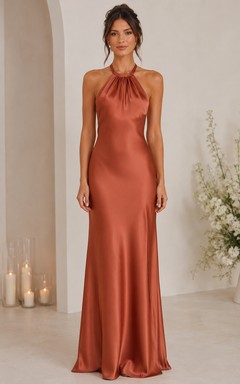 Papayafarbenes Brautjungfernkleid aus Satin mit hohem Kragen