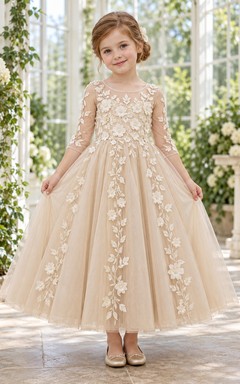 Three-quarter-sleeve Champagne Floral A-line Tulle Ankle-length Illusion-Neck Appliqued Flower Girl Dress