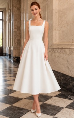 Vestido de novia midi sencillo de corte A con escote cuadrado, estilo juzgado