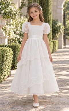 Square Neck White Puff Sleeve Tiered Wave Embroidered Organza Flower Girl Dress