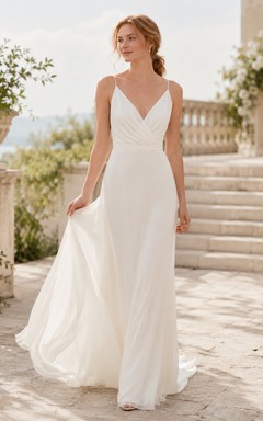Chiffon Wedding Dress A-Line V-Neck Sleeveless Sweep Train Bridal Gown