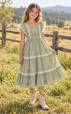 Western Sage Floral Flutter Sleeve Lace Trim Flower Girl Dress