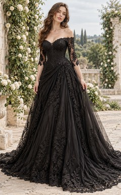 Gothic Black Off Shoulder Lace Sleeve Draped Train Wedding Dress
