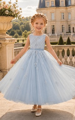 Princess Luxury Flower Girl Dress Square Neck Sleeveless Sky Blue Tulle Ball Gown Floor Length