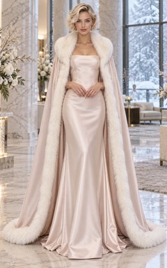 Vestido de novia de invierno sin mangas, color rosa empolvado, cuello de felpa y capa de satén.