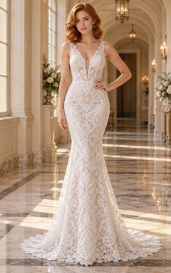 Mermaid V-neck Wide Strap Geometric Lace Bridal Wedding Dress