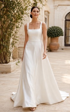 Minimal Square Strap Satin A Line Chapel Train Outdoor Wedding Gown