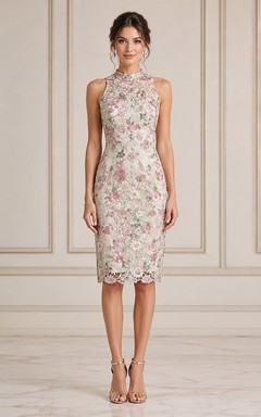 Floral Ivory Floral Lace High Neck Knee-Length Cocktail Dress