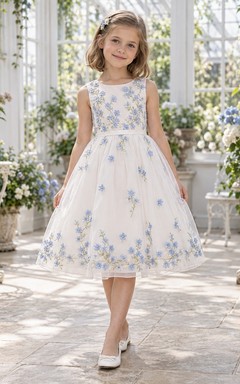 Tea-length Ivory Sleeveless Blue Floral Border Tulle A-line Flower Girl Dress