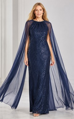 Dark Navy High Neck Sequined Cape Sheath Floor-Length Luxury Evening Gown