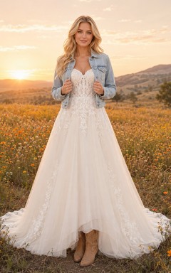 Chaqueta vaquera rústica estilo western con encaje y vestido de novia de corte A