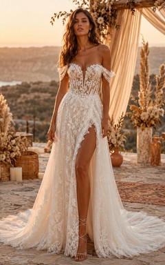 Off-the-Shoulder Boho Wedding Dress with Floral Lace Corset, High Slit & Airy A-Line Train