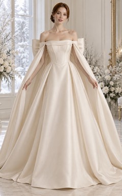 Vestido de novia de invierno con corpiño de satén con paneles y hombros descubiertos, lazo trasero y capa, corte en A.