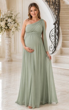 Sage Green One-Shoulder Sleeveless Maternity Sheath Ruched Maxi Dress