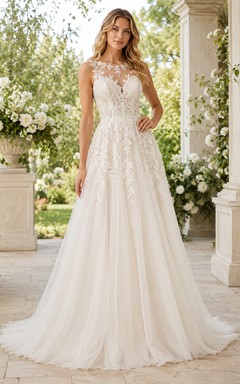 Evening Gown Ivory Lace Tulle A-Line V-Neck Sleeveless Chapel Train