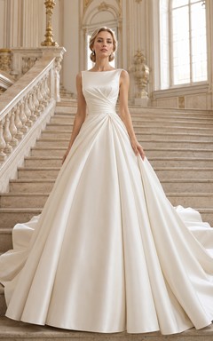 Robe de mariée minimaliste en satin, robe de bal, col bateau, sans manches, traîne chapelle
