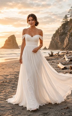 Robe de mariée côtière en mousseline drapée à épaules dénudées et coupe trapèze, avec traîne chapelle