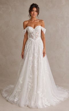 A-Line Wedding Dress Off Shoulder Long Sleeve Sweetheart Tulle Lace Applique Floor Length Chapel Train Ivory