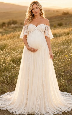 Maternity Wedding Dress Off Shoulder Flutter Sleeve Lace Tulle Country Gown with Train