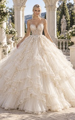 Prinzessinnen-Hochzeitsballkleid aus Tüll mit V-Ausschnitt, Perlenbesatz, Kaskadenrüschen und Hofschleppe