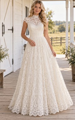 Country Boho High Neck A-Line Lace Wedding Dress with Cap Sleeves and Banded Skirt