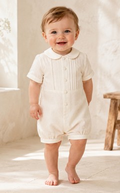 Ivory Vertical Pintuck Peter Collar Short Christening Romper for Baby Boy