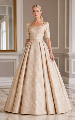 Brocade Champagne Square-Neck Half-Sleeve Floral-Jacquard Taffeta Ball-Gown Floor-Length Vintage Formal Evening Dress