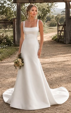 Square Neck Satin A-Line Country Wedding Dress with Wide Straps and Train