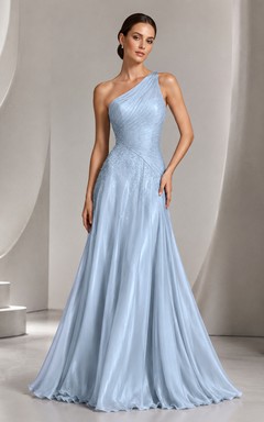 Himmelblaues, sanft-glamouröses A-Linien-Abendkleid mit One-Shoulder-Schnitt