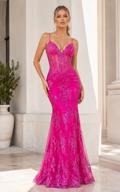 Fuchsiafarbenes, ärmelloses, bodenlanges, sexy Meerjungfrauen-/Trompeten-Kleid aus Spitze mit Herzausschnitt