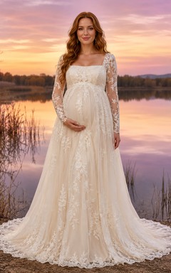 Maternity Wedding Dress Square Neck Long Lace Sleeve Formal Bridal Gown with Train