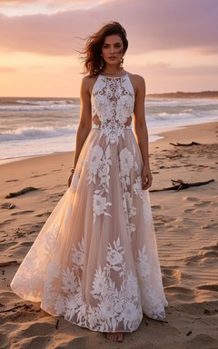 Robe de mariée de plage dos nu en dentelle ajourée avec application florale et jupe fluide