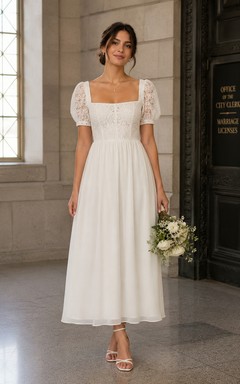 Robe de mariée d'été vintage, coupe trapèze, manches courtes, col carré, dentelle, mousseline, longueur thé, blanche