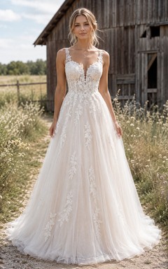 Country V-neck Tulle A-line Wedding Dress with Lace